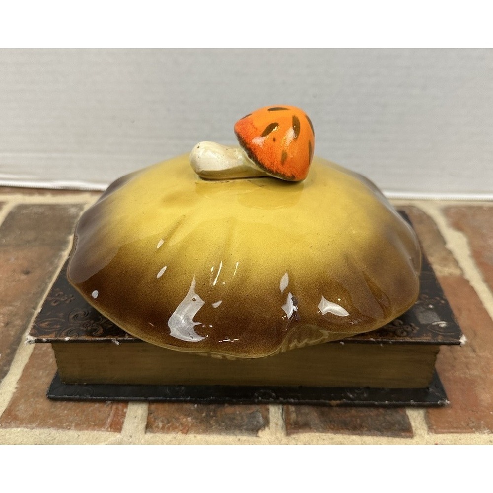 VINTAGE  70s Merry Mushroom Canister Lid Sears Brown With Orange Mushroom